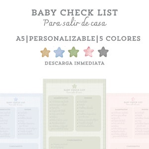 Puede incluir: Una lista de control imprimible para bebés que salen, con el texto "BABY CHECK LIST Para salir de casa" y "A5|PERSONALIZABLE|5 COLORES" y "DESCARGA INMEDIATA". La lista de control se divide en tres secciones: "ALIMENTACION", "HIGIENE" y "COMPLEMENTOS". Hay cinco estrellas de diferentes colores: dorado, azul, verde, rosa y gris.