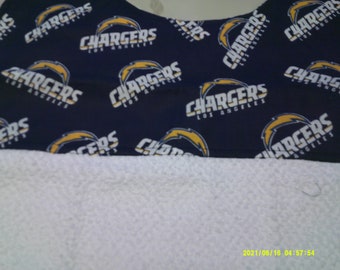 Adult bib, sports, Los Angeles Chargers, navy, gold, white, navy towel, clothing protector, dining out, dining in,