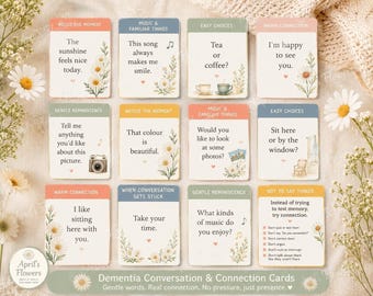 May include: A set of twelve rectangular conversation cards featuring floral illustrations and text prompts for connection. Each card displays categories like Notice the Moment, Easy Choices, and Warm Connection with phrases such as The sunshine feels nice today and I like sitting here with you, printed on a light background.