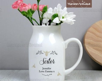 Personalised Floral Bee Flower Vase, Custom Floral Ceramic Vase For Mother's Day Gift, Mama Garden, Gift For Mom, Flower Vase