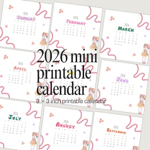 Printable 2026 Mini Calendar 3×3 inch 2026 Small Calendar Card 2026 Calendar Square 3×3 Bullet Journal Insert 2026 Planner Insert PDF Sleek