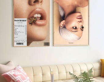 May include: Two framed album covers featuring a woman with blonde hair. The left cover features a close-up of the woman's mouth with a bee on her lip. The right cover features the woman's face with her head tilted back. Both covers have the word "sweetener" printed on them.