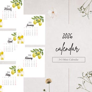 Printable 2026 Mini Calendar 3×3 inch 2026 Small Calendar Card 2026 Calendar Square 3×3 Bullet Journal Insert 2026 Planner Insert PDF Sleek