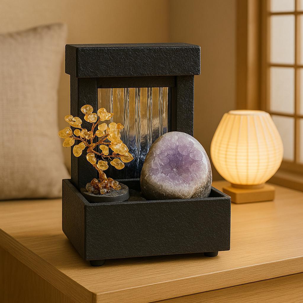USB Feng Shui fountain with money tree and amethyst, Wealth waterfall desk decor, Good luck indoor fountain, Home and Office mini waterfall