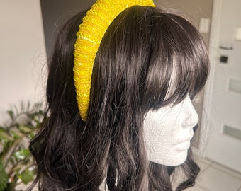 Yellow Fascinator Headband, orange shimmer plastic rhinestones