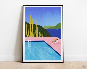 Art print of original painting Swimming Pool Poster - swimming pool wall art decor - travel poster - poolside - architecture - summer