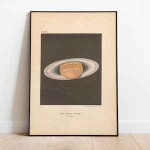 May include: A vintage illustration of the planet Saturn with its rings, printed on a cream-colored paper with a black frame. The text "Plate I. The Planet Saturn in 1878" is printed below the image.