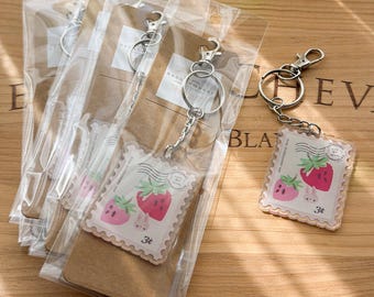 Strawberry Bunny Stamp-shaped Acrylic Zipper Pull Keychain Charm with Clasp