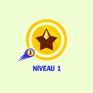 Peut inclure: Une pièce d'or avec une étoile brune au centre. La pièce a une bordure jaune et un cercle intérieur blanc. La pièce est entourée d'une traînée bleue et jaune avec une plus petite pièce d'or portant le numéro "1". Le texte "NIVEAU 1" est sous la pièce.