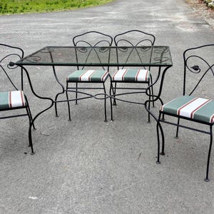 Patio Wrought Iron Glass Top Dining Table and Chair Set Attr Salterini