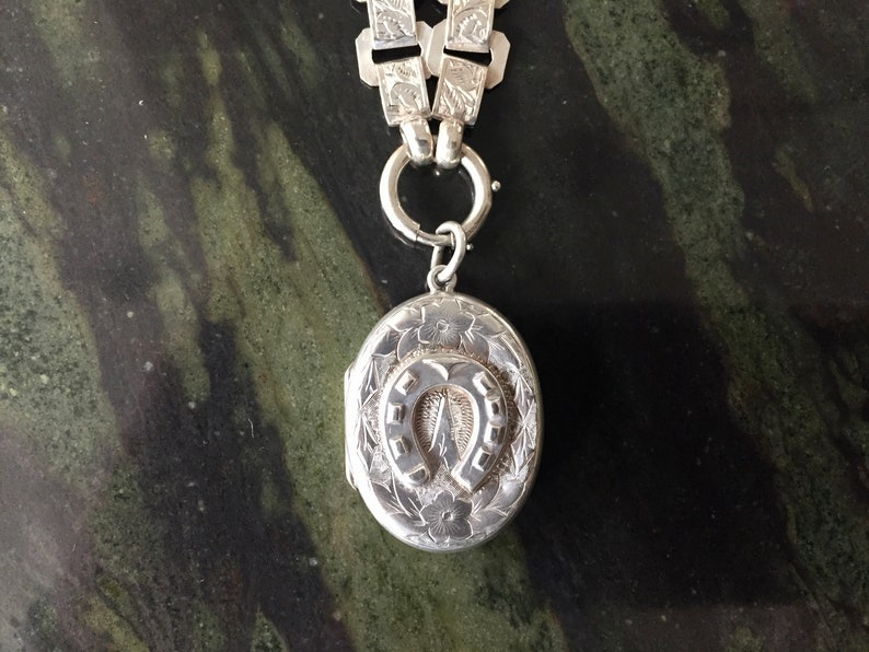 Silver Horseshoe Locket and Book Chain Necklace Adie /& Lovekin 1916