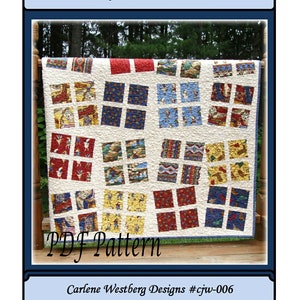 Peut inclure: Un patron PDF pour une courtepointe "Dancing Patchwork" en gâteau à étages. La courtepointe est réalisée avec une variété de tissus colorés et présente un motif en grille. La courtepointe est exposée sur une chaise en bois devant un fond vert. Le texte "PDF Pattern" est imprimé en noir sur fond blanc. Le texte "Carlene Westberg Designs #cjw-006" est imprimé en noir sur fond blanc.