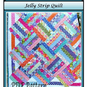 May include: A colourful quilt pattern with a geometric design. The quilt is made of strips of fabric in various colours and patterns. The pattern is called "Supernova Jelly Strip Quilt" and is a PDF pattern by Carlene Westberg Designs #cjw-o20.