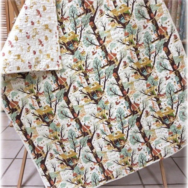 Organic Baby Boy Quilt Tree Fort  Woodland Rustic Country Fort Firefly  Birch Fabrics