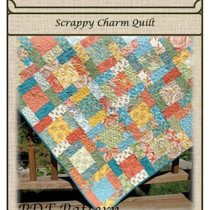 May include: A PDF pattern for a scrappy charm quilt called "Labyrinth" by Carlene Westberg Designs #cjw-014. The quilt is made of colourful fabric squares in shades of blue, green, yellow, and orange.