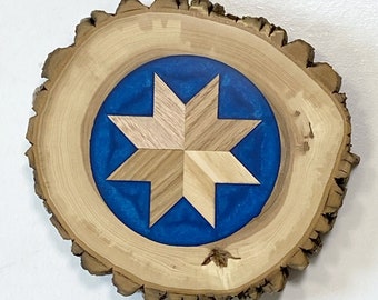 Wood Art-White Ash Wood Slab with Wood Star and Blue Epoxy Inlay Home Decor