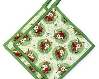 Pot Holders-Christmas Holiday Deer on Green-Handmade Hotpads (Set of 2)  Kitchen Decor