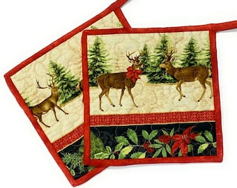 Holiday Pot holders Deer Christmas Hot pads (set of 2) Quilted Woodland Kitchen Decor