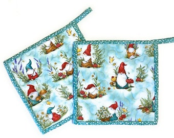 Adorable Gnomes Hot Pads-Pot Holders (Set of 2) Quilted Kitchen Decor Red and Teal