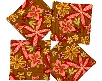 Drink Coasters  (set of 4) Pink Flowers on Brown Quilted Cotton Fabric