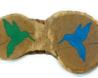 Double Hummingbirds Wood Art-Northern Oak Wood Slab with Epoxy Inlay Home Decor Woodland