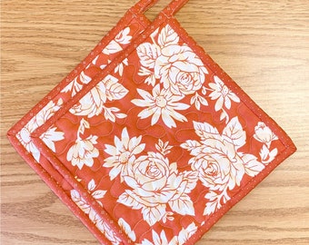 Pot holders, Hotpads, Quilted Summer Roses and Daisies on Persimmon