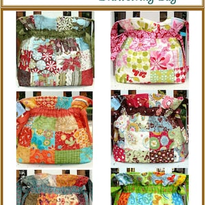 May include: A PDF pattern for a drawstring bag with a patchwork design. The pattern is called "ShelbyMine Drawstring Bag" and is by Carlene Westberg Designs. The pattern number is #cjw-007.
