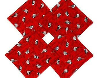 Drink Coasters  (set of 4) Chickadees birds on Red-Quilted Cotton Fabric