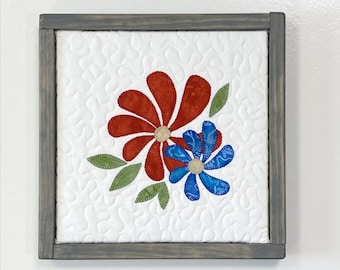 Appliqued Wildflowers on a white background in a gray weathered stained handmade box frame-Home Deco Wall Art