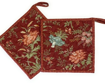 Quilted Hot Pads-Pot Holders (Set of 2) Red Floral Kitchen Decor