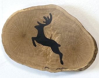 Wood Art-Northern Oak Wood Slab with Epoxy Buck Deer Inlay Cabin Decor Woodland