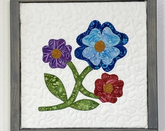 Batik Appliqued Flowers on a white background in a gray weathered stained handmade box frame.  Home Deco Wall Art