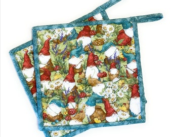 Adorable Gnomes Hot Pads-Pot Holders (Set of 2) Quilted Kitchen Decor Red and Teal