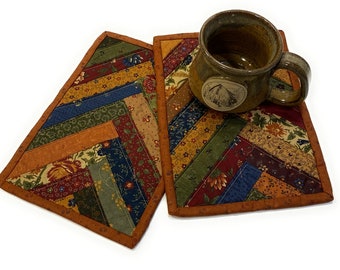 Mug Rugs set of two or Candle Mat Country Summer Blue and Brown-Quilted Handmade
