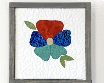 Appliqued Pansy on a white background in a gray weathered stained handmade box frame. Home Deco Wall Art