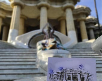 Park Guell Art Card: Barcelona Travel Sketch, Gaudi Architecture