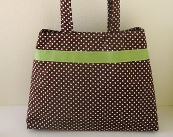 Vegan Purse, Cotton Boho bag, Chocolate Brown with Polka Dots and retro Olive green trim, Sustainably made, free shipping, ready to ship