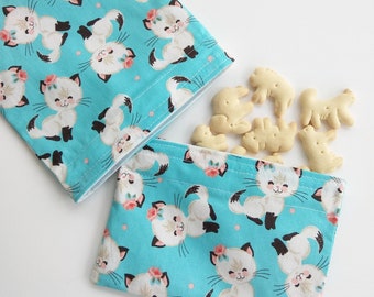 Reusable Snack bags with cute Kittens, BPA free food-safe Kid friendly, Eco-friendly food storage, zero waste lunch bags, Siamese cats