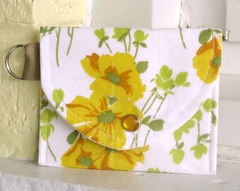 Pretty coin purse in a yellow Vintage floral, Vegan wallet, ID keyring wallet, Sustainable gift made in the USA, New from Vintage fabric