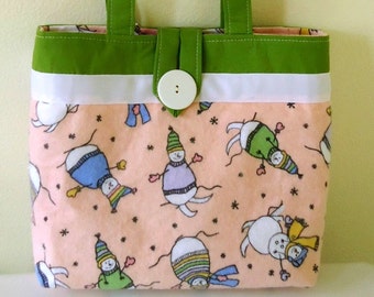 Snowman purse, Small Winter purse in Cozy peach Flannel with Snowmen in Sweaters and Mittens, One of a kind and ready to ship