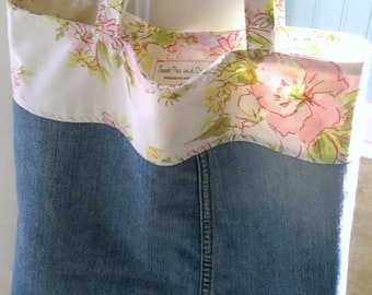 Boho tote bag, Denim bag, Eco friendly Reusable bag with Vintage Floral cotton, Sustainable Vegan tote work, errands, shopping, or school