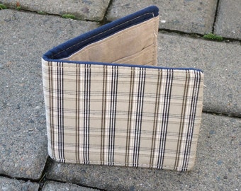 Vegan Wallet in Navy and Tan Plaid, Slim Cotton Wallet, Sustainable Boyfriend Gift, Groomsmen Gift, Dad, Eco-friendly Men, Women, Teens