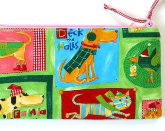 Fun Winter zipper pouch with Dogs in Sweaters and Cats in scarves, ready to ship, kids gift under 15 dollars, made in the USA