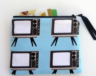 Fun zipper Coin Purse with Vintage TVs, ready to ship, Retro best friend gift, Small fabric zipper pouch