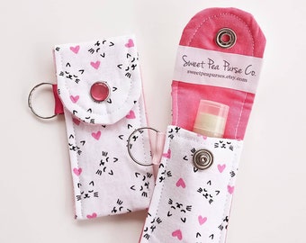 Kitten Face Lip balm holder, Lip balm keyring, travel pouch, handmade Valentine’s Day gift under 10 for girls, teacher, hostess, best friend