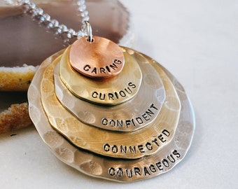 Value Necklace - Hand Stamped Necklace - Caring - Curious - Confident - Connected - Courageous