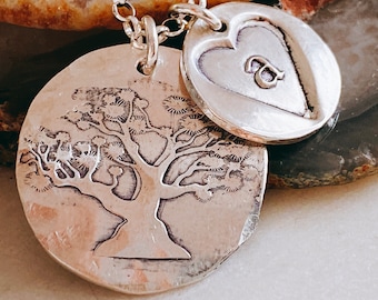 Family Tree Necklace in Sterling Silver - Heart Wax Seal Stamped Charm Necklace - Personalized Initial Necklace - Kiln Fired