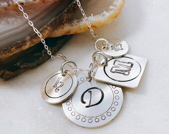 Hand Crafted Sterling Initial Charm Necklace - Initial Necklace - Personalized Necklace - Square and Circle Initial Charms