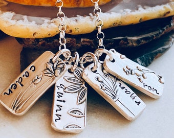 Personalized Wild Flower Charm Necklace in Sterling Silver - Hand Stamped