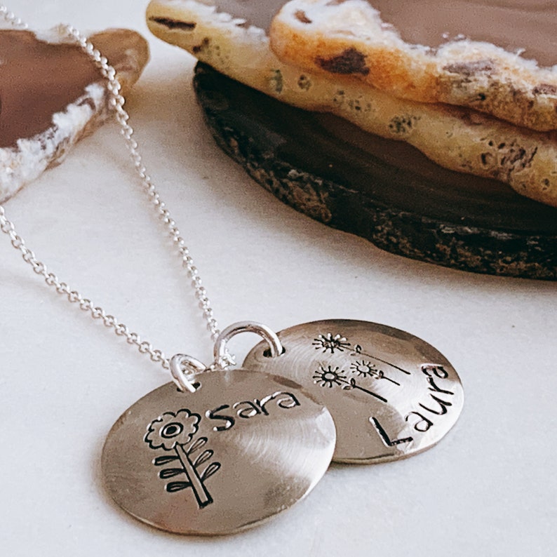 Personalized Name Necklace Hand Crafted Sterling Silver Daisy Flower Charm Necklace Mom of Two